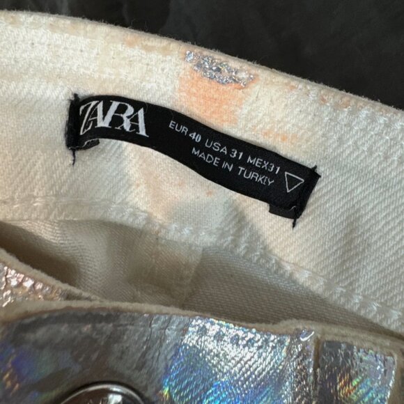 ZARA Metallic Mid-Rise Slim Denim Jean Holographic Iridescent Pink Silver Disco - Picture 8 of 9